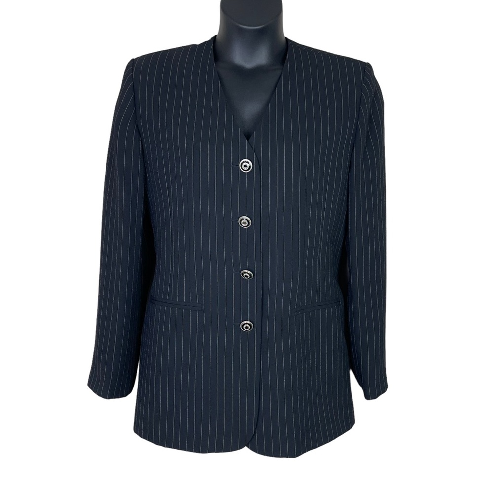 Vintage Adolfo Atelier Pinstripe Blazer Shoulder Pad Ornate Button Black Size 12